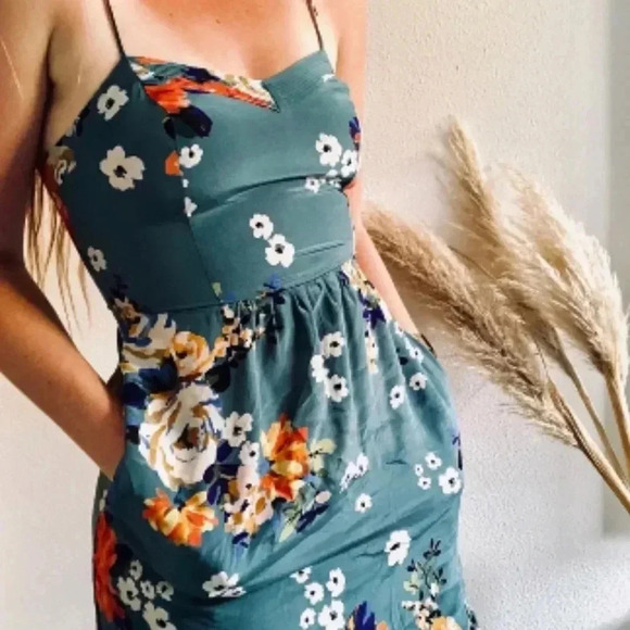 ANTHROPOLOGIE Soeurs Floral Turquoise Spaghetti Strap Pleated Mini Dress 💯 Silk - Picture 4 of 9